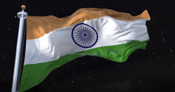India Flag Waving with Rain and Snow in the Night