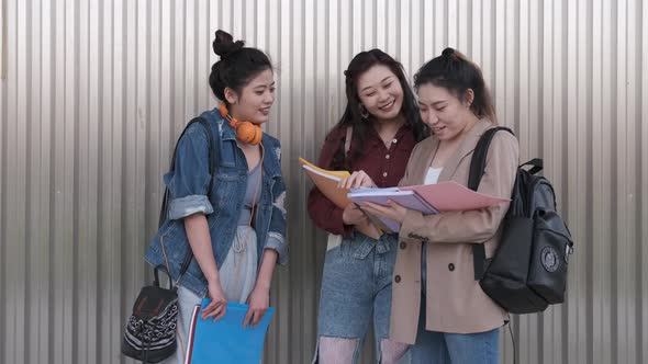 Portrait of a group of asian woman college students talking together outdoors on the street.