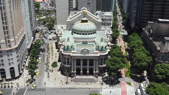 Municipal Theatre, Neo Renaissance Architecture, Rio de Janeiro, Brazil (Aerial View, Drone Footage)