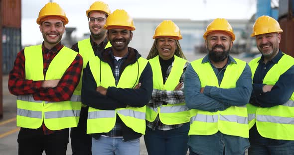 Multiracial people working together at industrial port outdoor