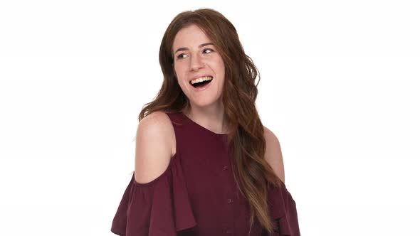 Horizontal Portrait of Optimistic Woman with Caucasian Appearance Laughing Out Loud Feeling Joy