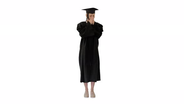 Blonde Graduate Student Standing and Coughing on White Background