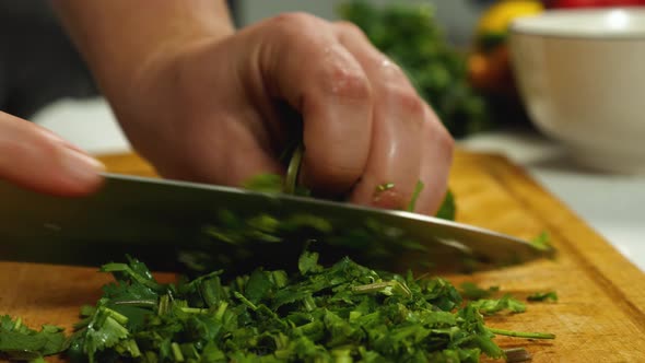 Closeup of a Cook Chopping a Bunch of Parsley