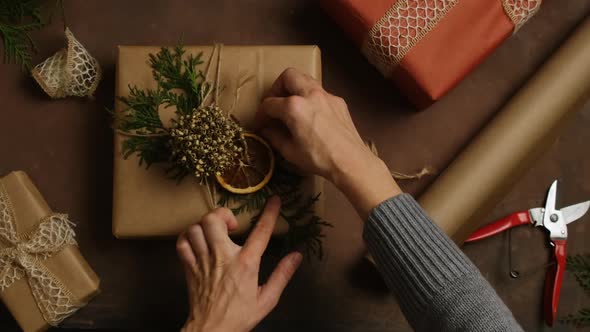 Female Hands Decorating Christmas Present
