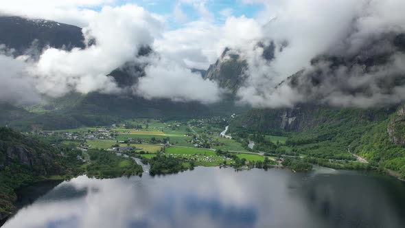 Aerial View Of Ovre Eidfjord located at the southern end of the lake Eidfjordvatnet