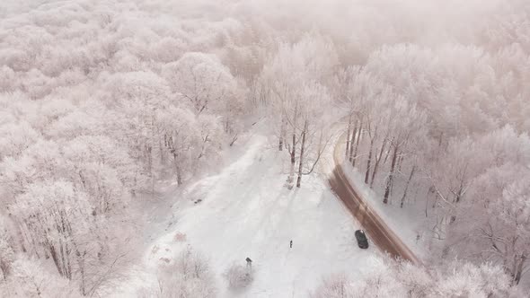 Slomo Aerial View Over Misty Winter Forest With Person Waiting 