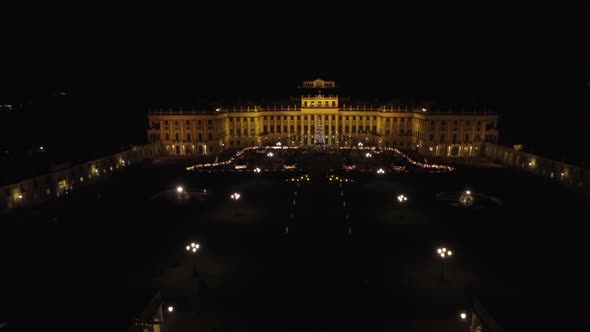 Aerial shot of Schonbrunn Palace at night