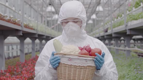 Middle Shot of Female Biologist or Agronomist Admiring Fresh Organic Vegetables in Basket. Portrait