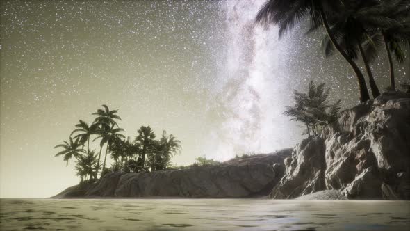 Beautiful Fantasy Tropical Beach with Milky Way Star in Night Skies