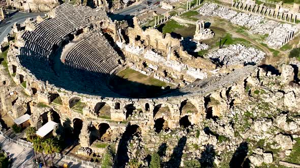 Aerial Footage of the Antique Theater 4 K . Side, Turkey