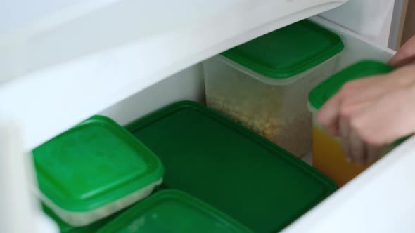 The Woman Opens the Refrigerator and Takes Out the Trays with Frozen Food