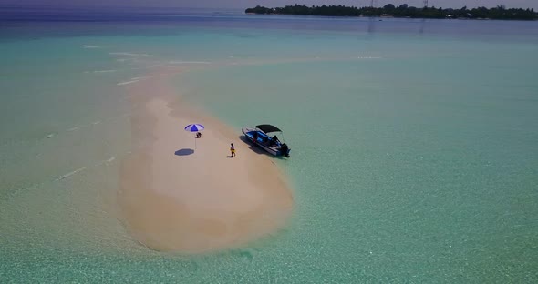 Wide angle flying copy space shot of a paradise sunny white sand beach and blue water background 