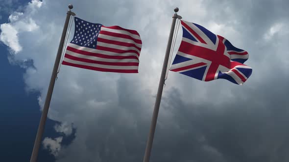 Waving Flags Of The United States And The United Kingdom 4K