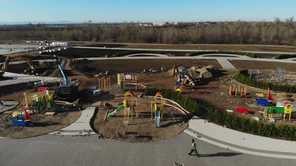 Playground in the park. Aerial view of the construction site.