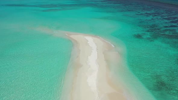 Aerial top view nature of paradise seashore beach voyage by shallow sea with white sandy background 