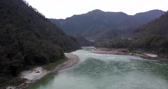 AERIAL: Ganga river in Rishikesh India