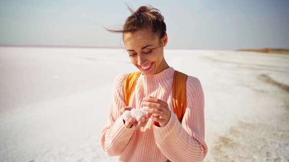 Womans Hand Holding Crystallized Salt Natural Mineral Formation