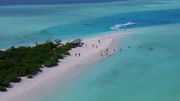 Aerial drone seascape of shore beach voyage by blue sea and sand background