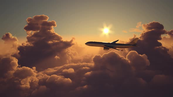 Airplane Flying Above the Clouds on Sunset 4k