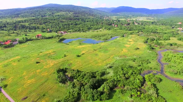 Aerial view of Jesenica river and surrounding in Croatian region Lika.