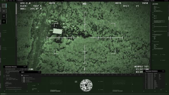 High tech drone attacking the rival forces tank with a rocket on the battlefield alt