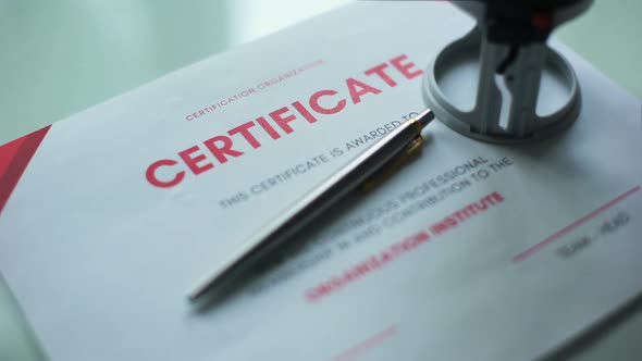 Certificate Document Approved, Hand Stamping Seal on Official Paper, Validation