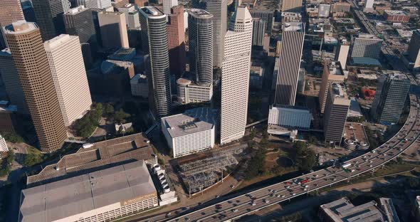 Drone view of skyscrapers in the Downtown Houston area. This video was filmed in 4k for best image q