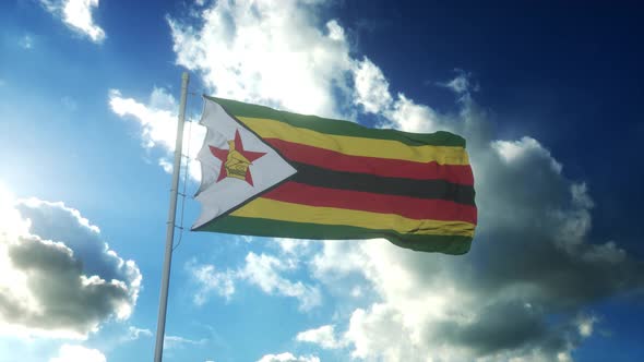 Flag of Zimbabwe Waving at Wind Against Beautiful Blue Sky