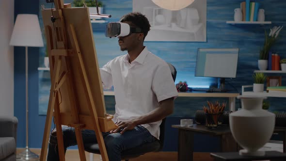 Artist of African American Ethnicity Using Vr Glasses for Art