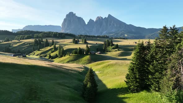 Sunrise on the Seiser Alm in the Dolomites mountains