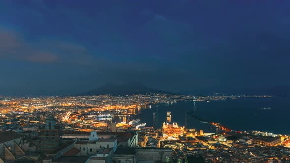 Naples, Italy. 4K Top View Skyline Cityscape In Evening Lighting Day To Night Transition.