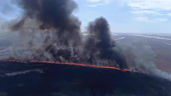 Ecology Disaster in Nature, Large Fire Fast Moving By Dry Field with Smoke Going Up To Heaven Near