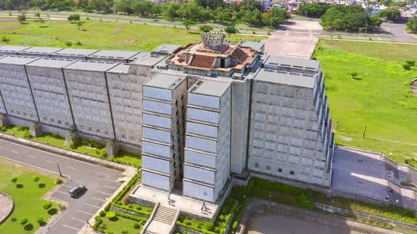 Aerial orbit shot showing tourist visiting gigantic Columbus Light house Mausoleum in Santo Domingo