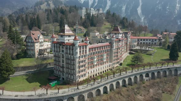 Flying towards beautiful Caux Palace Hotel. Building of the Swiss Hotel Management School, one of th