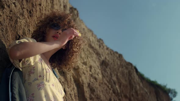 Seductive Model Standing Lighted Sunlight on Seashore Close Up