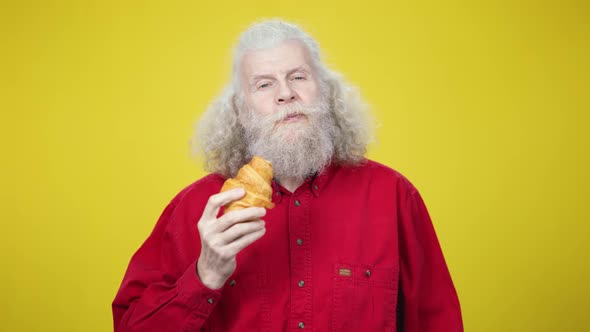 Positive Handsome Bearded Greyhaired Man Eating Tasty Delicious Croissant at Yellow Background