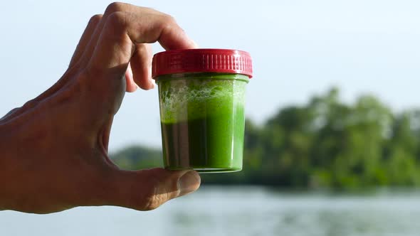 Closeup Male Hand Holding and Shaking Container with Green Algae Inside