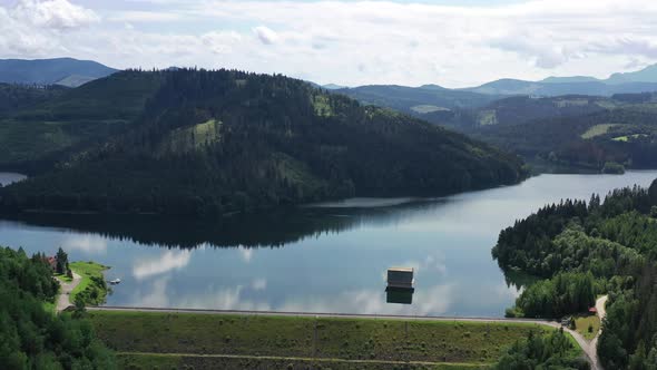 Aerial view of a water reservoir in the village of Nova Bystrica in Slovakia