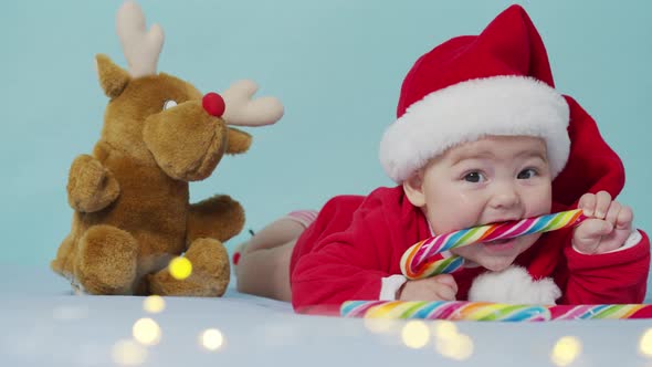 Merry Xmas Happy New Year Infants Childhood Holidays Concept Closeup Smiling Funny Newborn Baby in