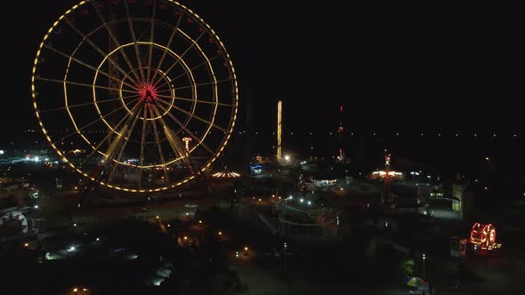 Flying over Amusement Park Tsitsinatela at night. Shekvetili, Georgia 2020