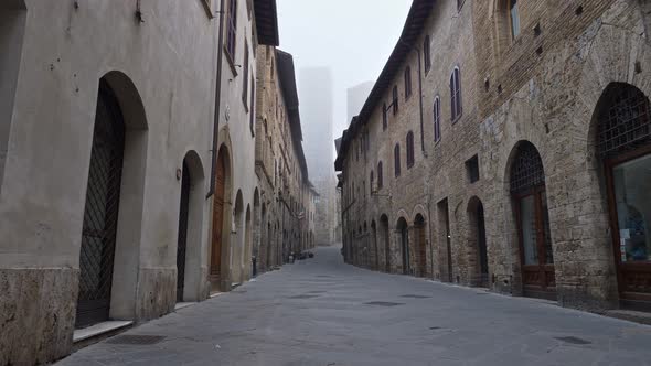 Empty Street of San Gimignano Medieval Town, Tuscany, Italy. No People, All Closed Due To Quarantine