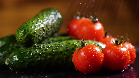Tomatoes and Cucumber With Drops of Water, Beautiful Macro , Raw Organic Vegetables. Organic. Food