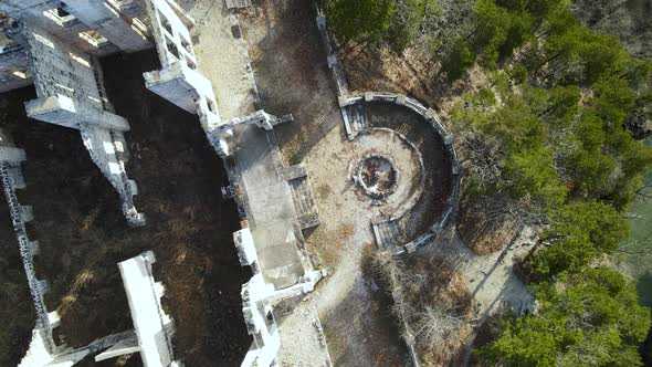 Destroyed Mystical Castle Buildings Ruins, Aerial Overhead View