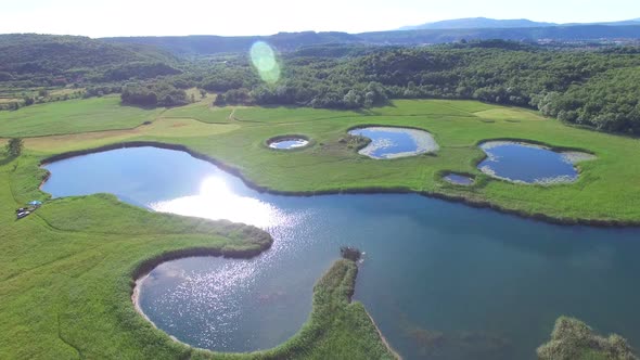 Aerial view of peaceful ponds near Knin city, Croatia