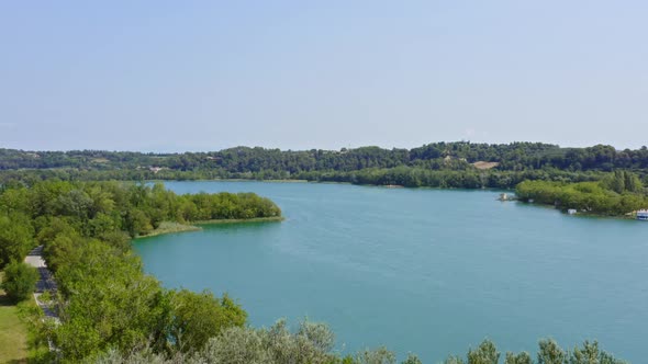 Panoramic aerial view of the stunning Lake Banyoles. Catalonia Spain. Popular Spanish tourist destin