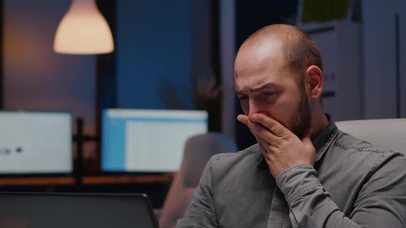 Sleepy Businessman Working Overtime at Management Corporate Deadline Project