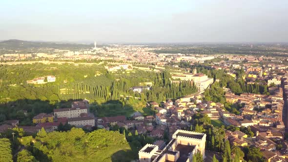 Panorama of Verona historical city centre, bridges across Adige river. Castel San Pietro.