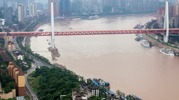 Chongqing City River Cityscape with Bridges Aerial China Timelapse Pan Up