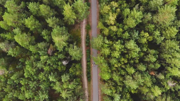 AERIAL: Follow Shot of Cyclists who Pass other Driver on the Narrow Road