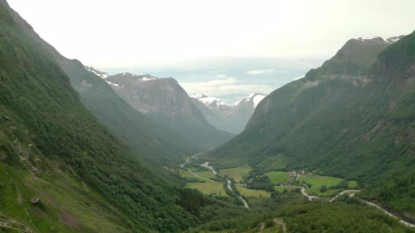 Aerial View Of The Strynselva River In Strynedalen Valley In Vestland County, Norway.